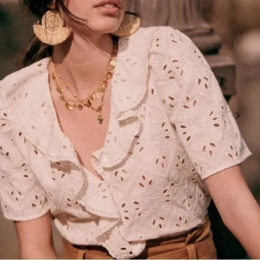 Sezane Ecru Off White Eyelet embroidered ruffle button down Blouse